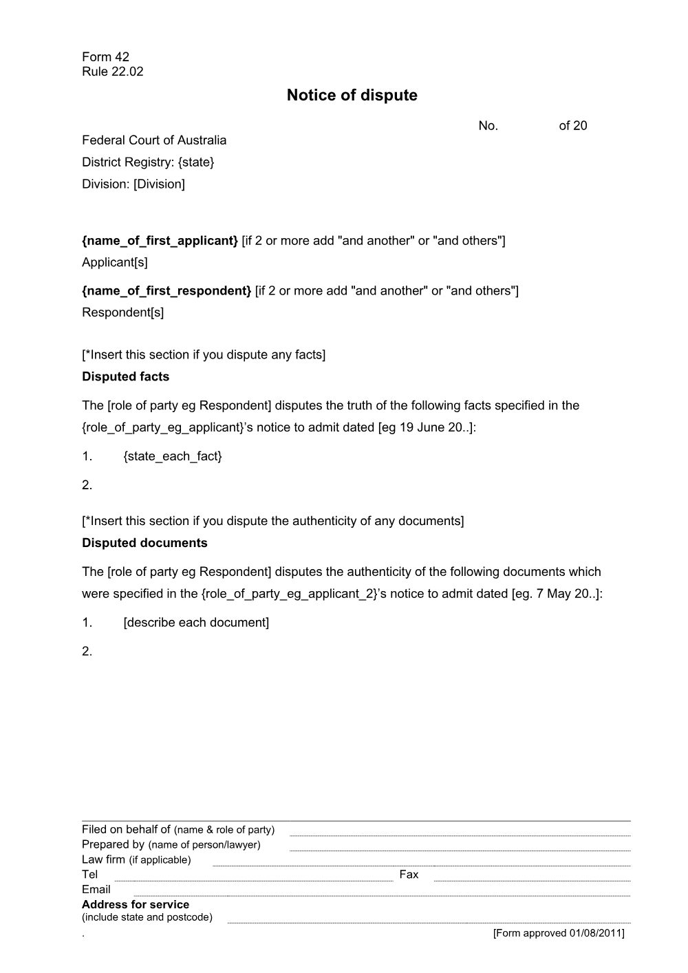 Preview of the first page of Notice of dispute (Form 42)