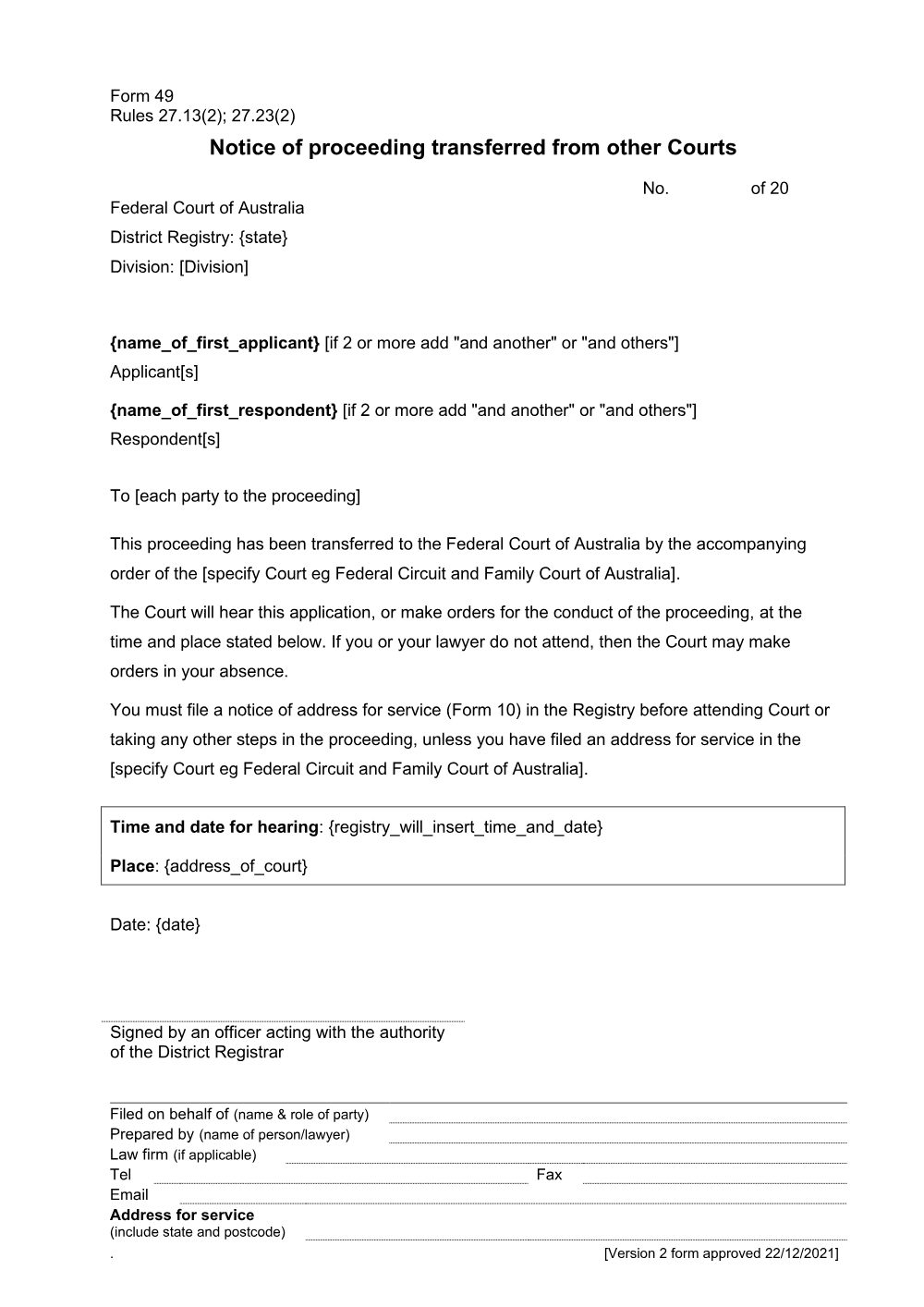 Preview of the first page of Notice of proceeding transferred from other Courts (Form 49)