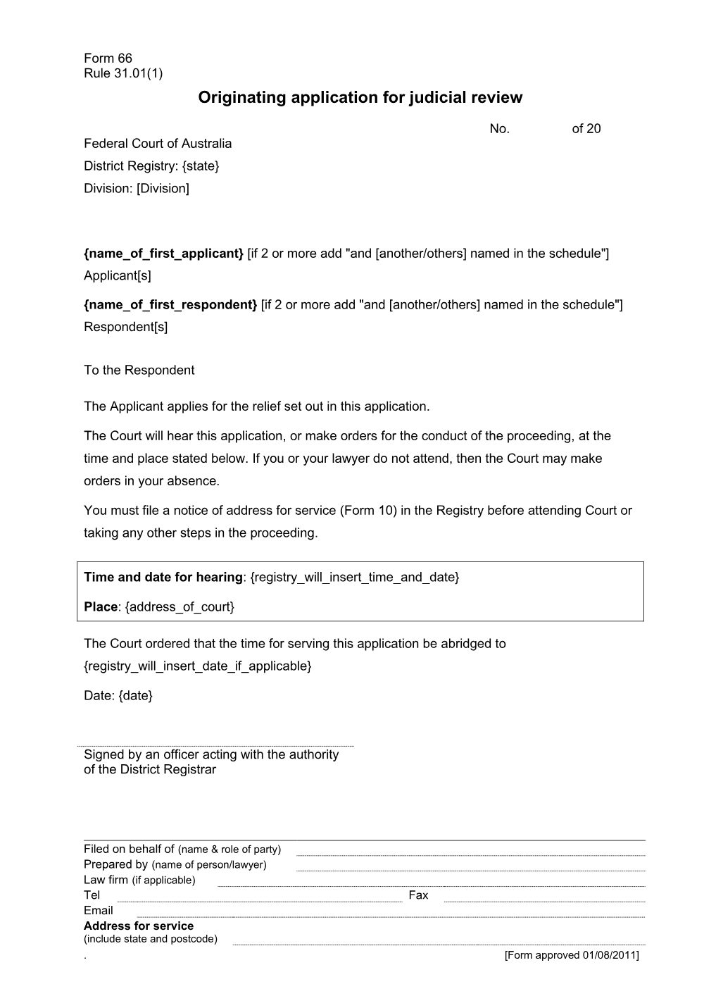 Preview of the first page of Originating application for judicial review (Form 66)