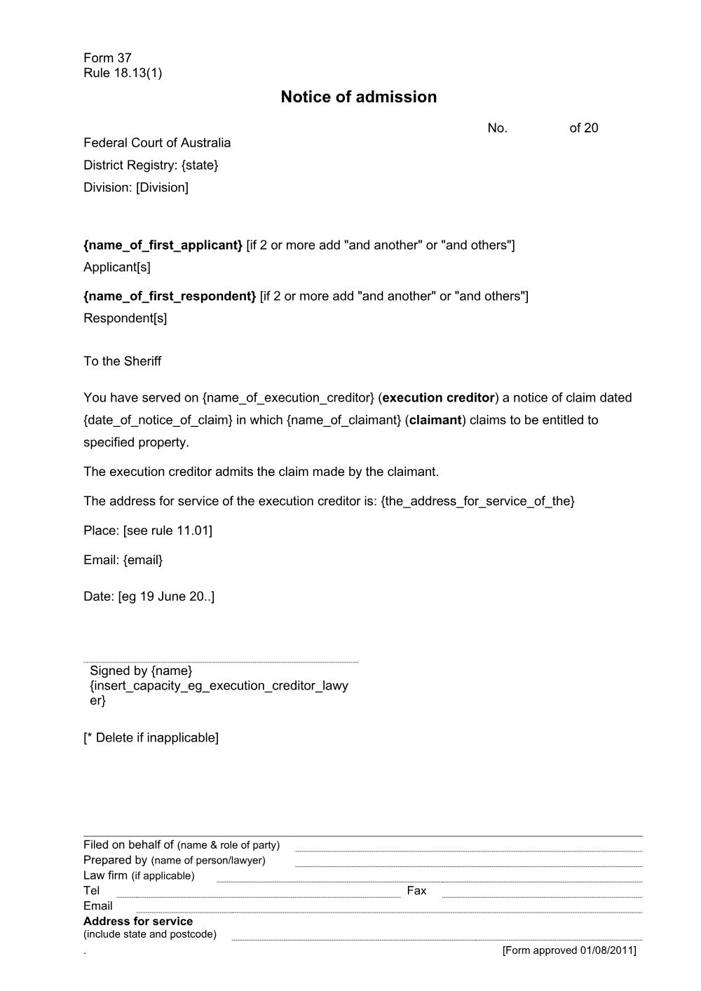 Preview of the first page of Notice of admission (Rule 18.13(1)) (Form 37)