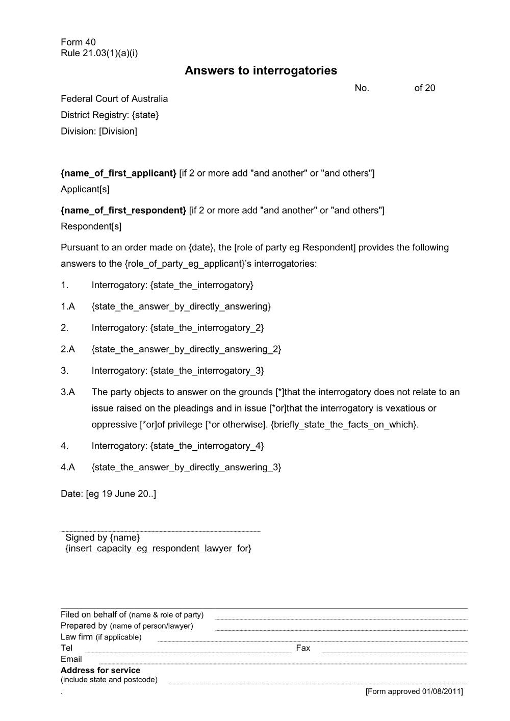Preview of the first page of Answers to interrogatories (Form 40)
