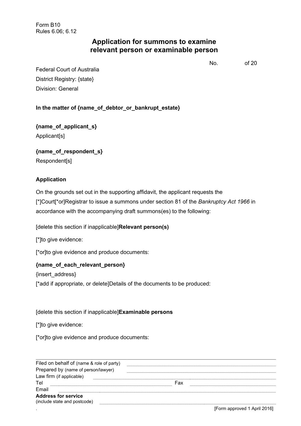 Preview of the first page of Application for summons to examine relevant person or examinable person (Form B10)