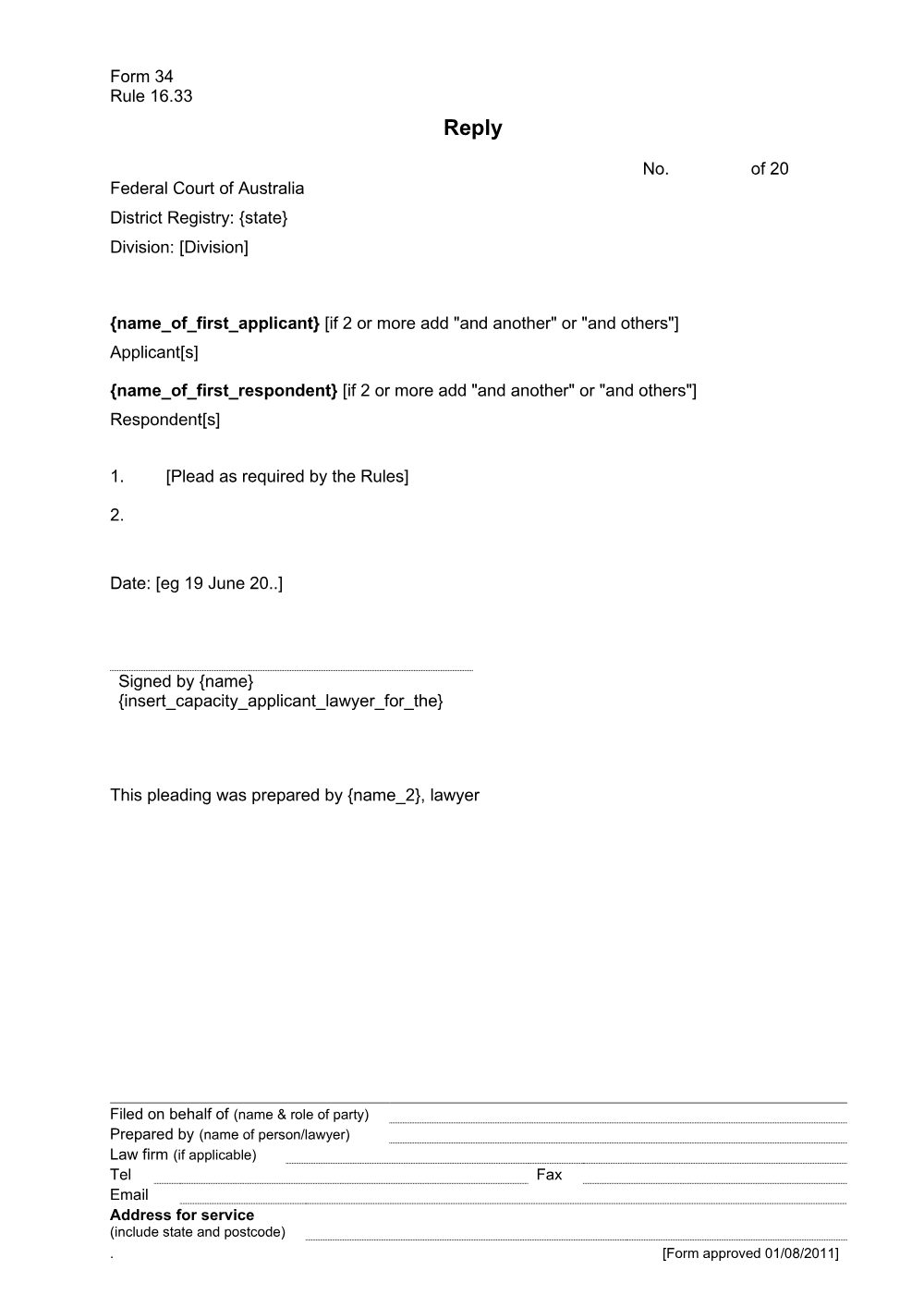 Preview of the first page of Reply (Form 34)