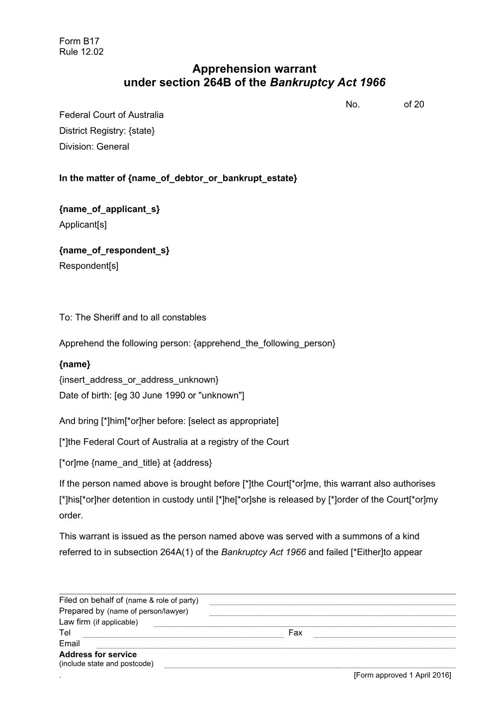 Preview of the first page of Apprehension warrant under section 264B of the Bankruptcy Act 1966 (Form B17)