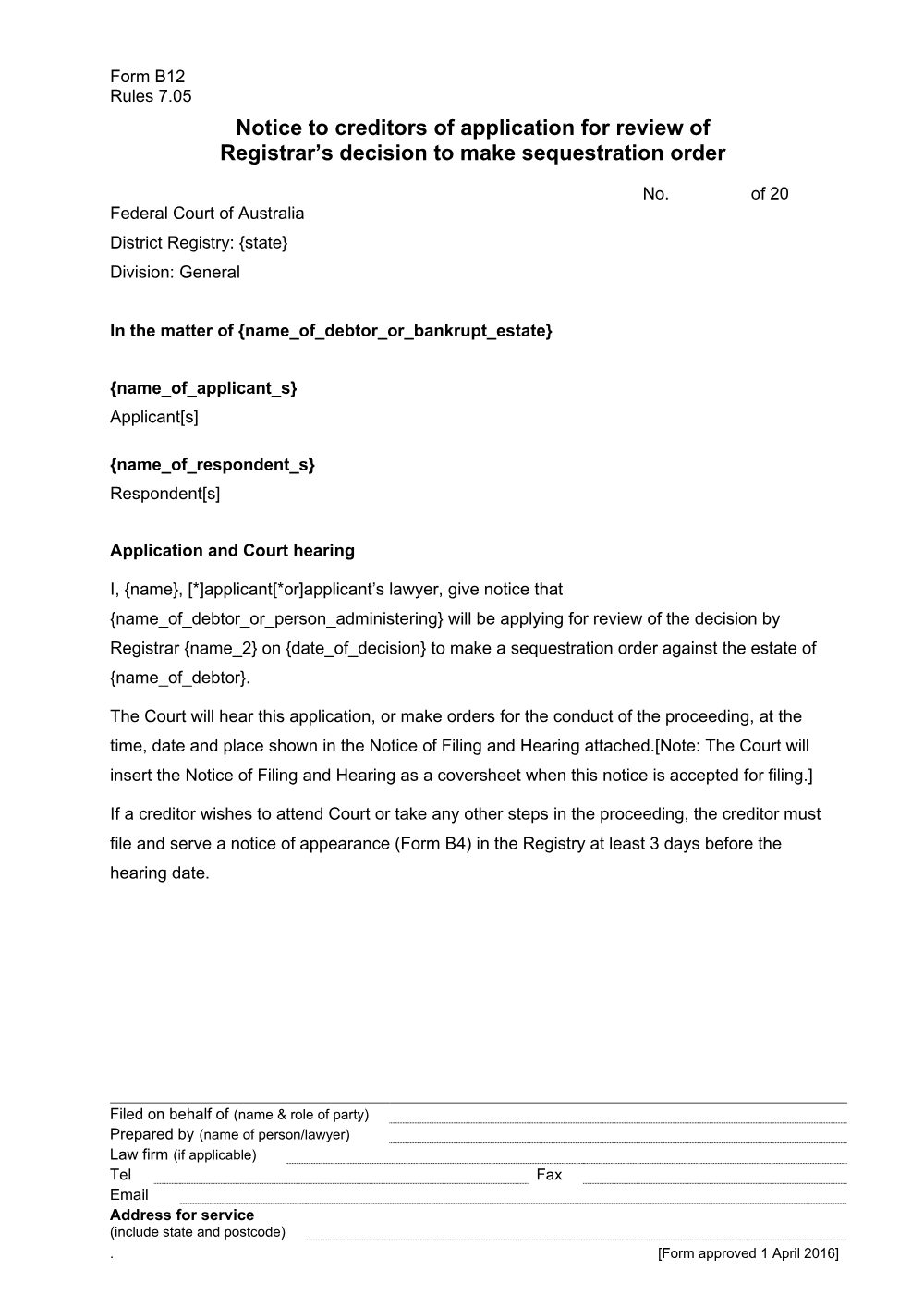 Preview of the first page of Notice to creditors of application for review of Registrar's decision to make sequestration order (Form B12)