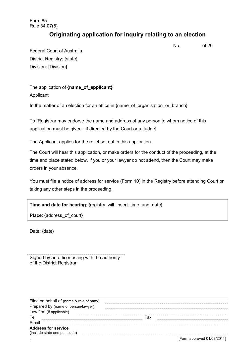 Preview of the first page of Originating application for inquiry relating to an election (Form 85)