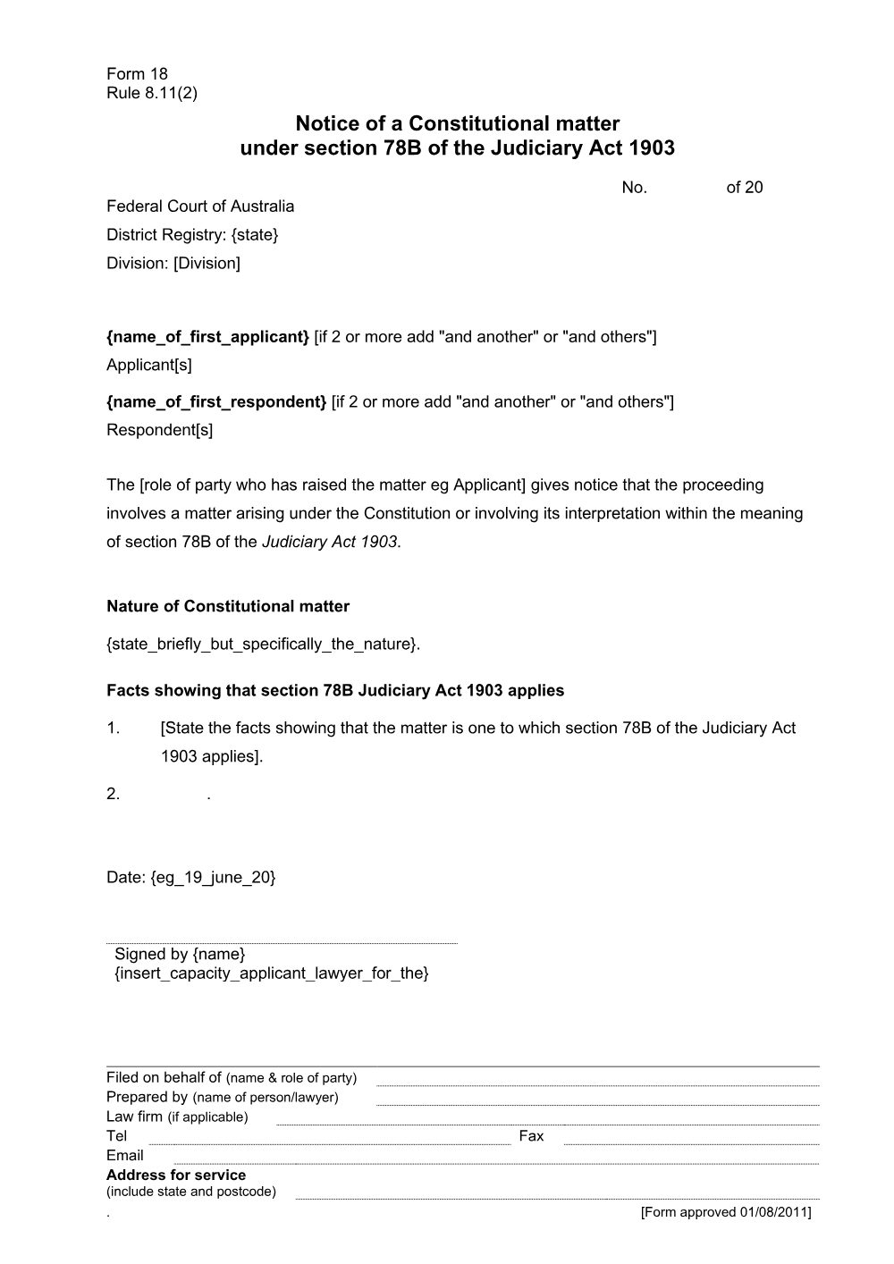 Preview of the first page of Notice of a Constitutional matter under section 78B of the Judiciary Act 1903 (Rule 8.11(2)) (Form 18)