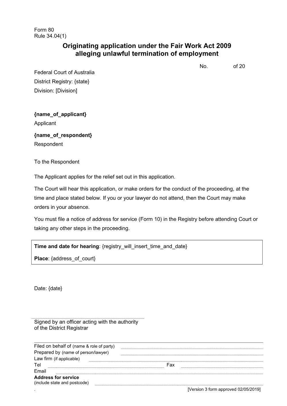 Preview of the first page of Originating application under the Fair Work Act 2009 alleging unlawful termination of employment (Form 80)