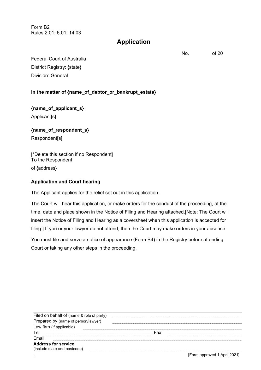 Preview of the first page of Application (Form B2)