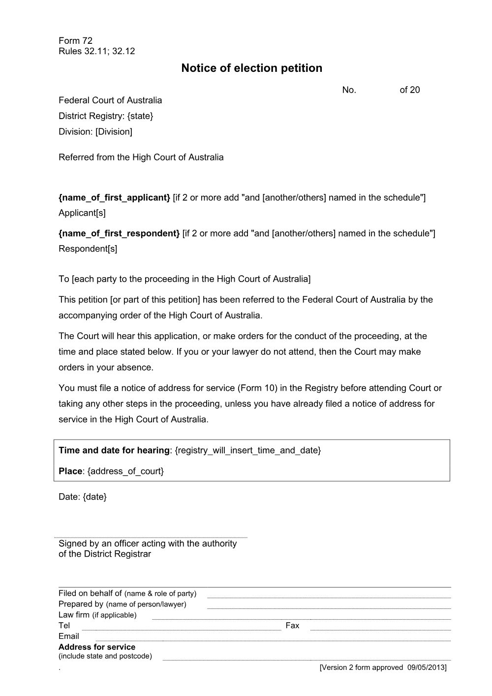Preview of the first page of Notice of election petition (Form 72)