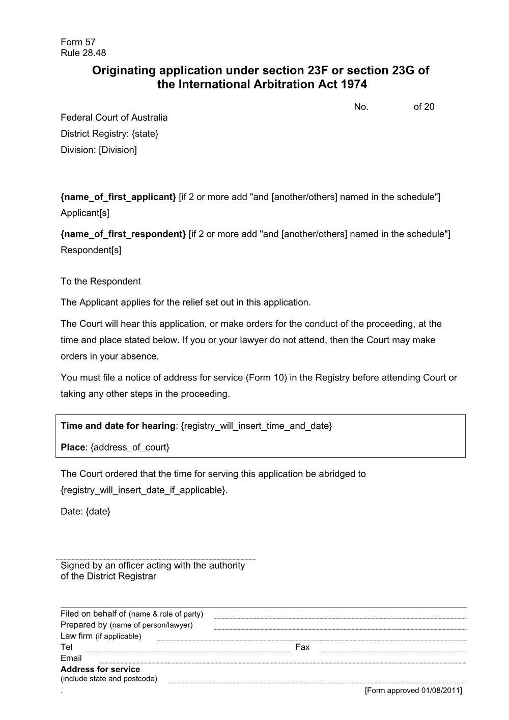 Preview of the first page of Originating application under section 23F or section 23G of the International Arbitration Act 1974 (Form 57)