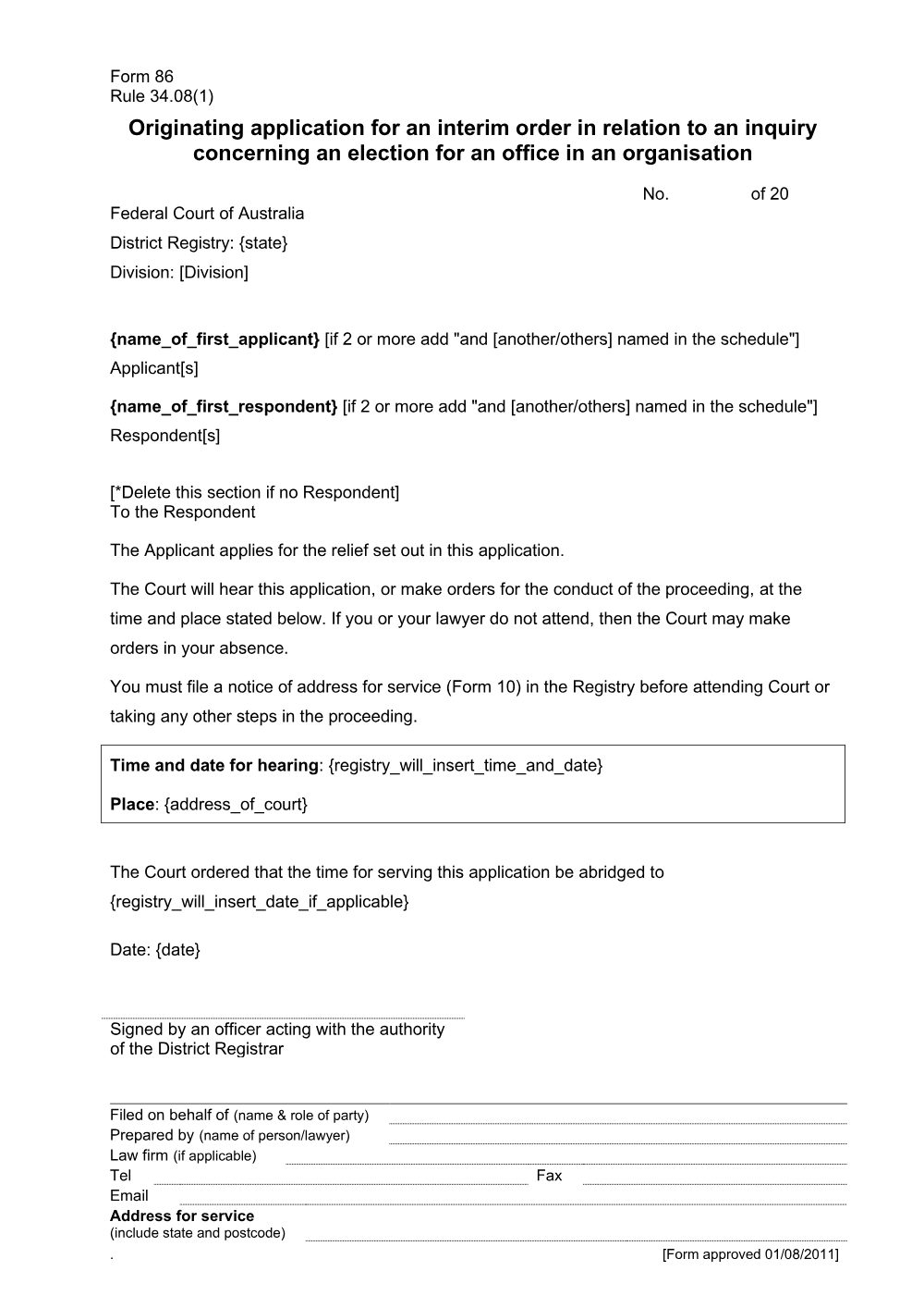 Preview of the first page of Originating application for an interim order in relation to an inquiry concerning an election for an office in an organisation (Form 86)