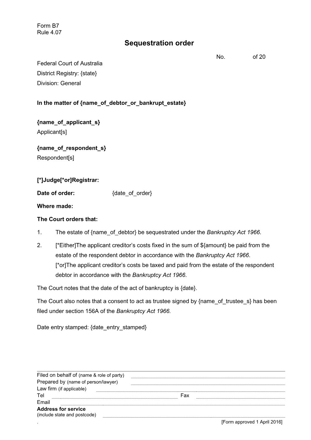 Preview of the first page of Sequestration order (Form B7)