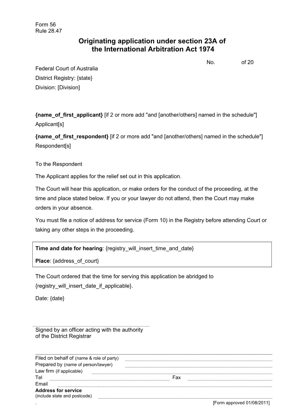 Preview of the first page of Originating application under section 23A of the International Arbitration Act 1974 (Form 56)