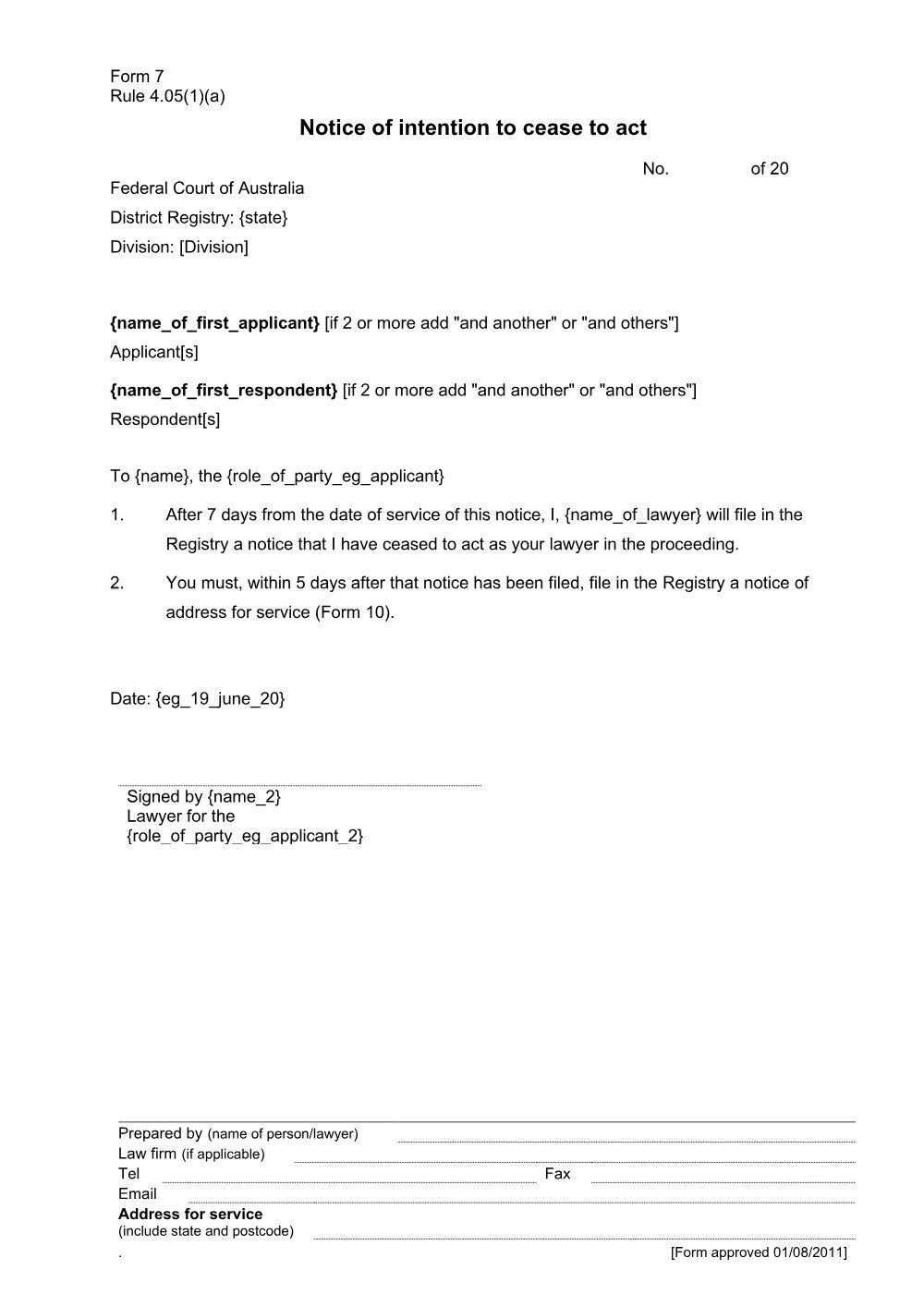 Preview of the first page of Notice of intention to cease to act (Form 7)