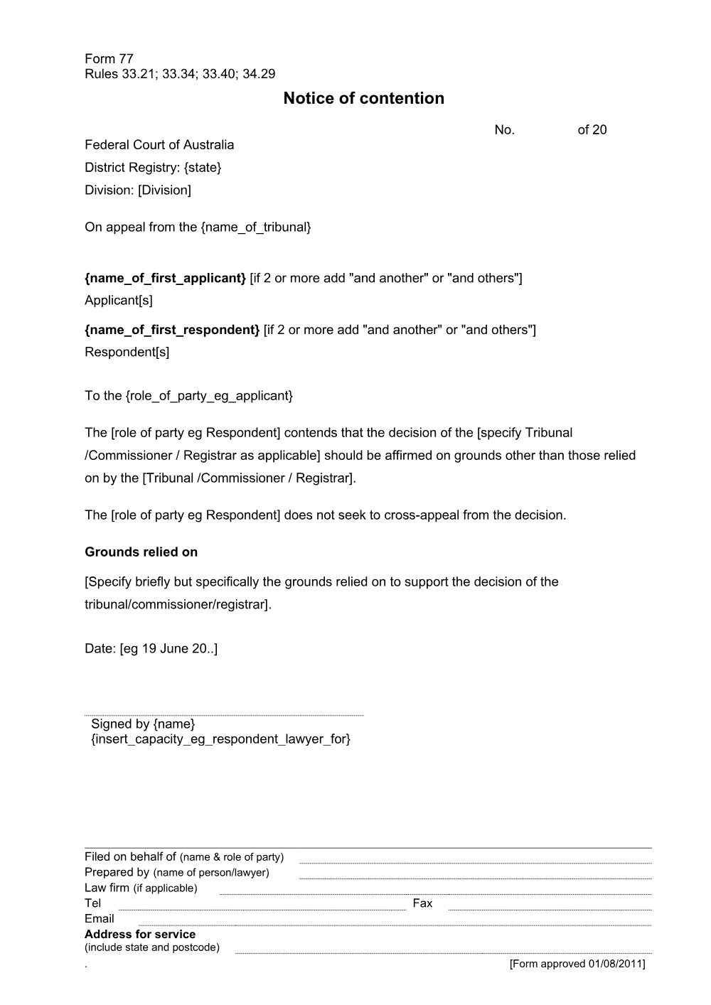 Preview of the first page of Notice of contention (Form 77)