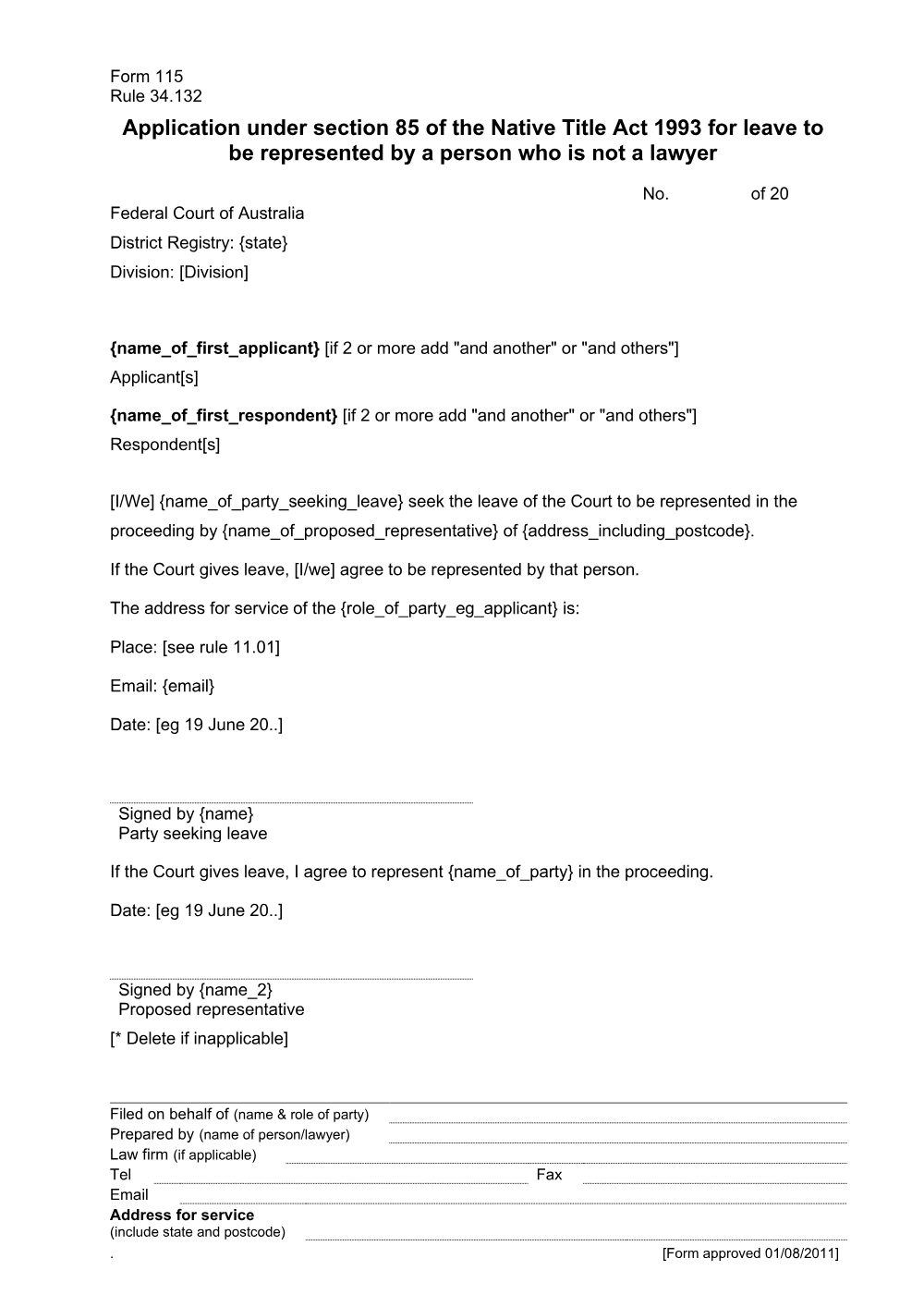 Preview of the first page of Application under section 85 of the Native Title Act 1993 for leave to be represented by a person who is not a lawyer (Form 115)