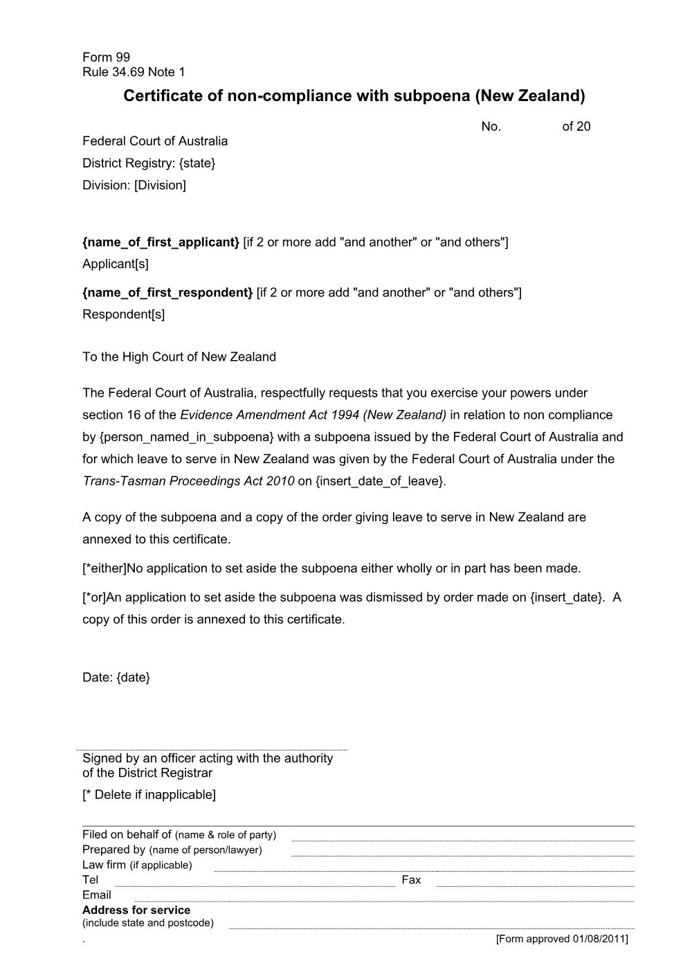 Preview of the first page of Certificate of non-compliance with subpoena (New Zealand) (Form 99)