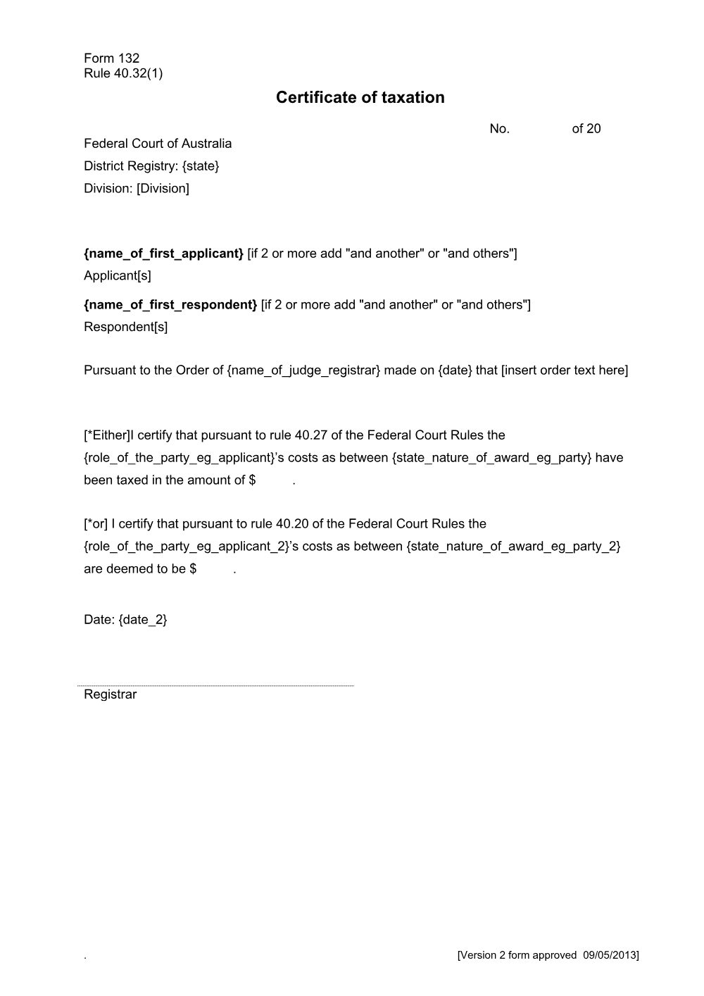 Preview of the first page of Certificate of taxation (Rule 40.32(1)) (Form 132)