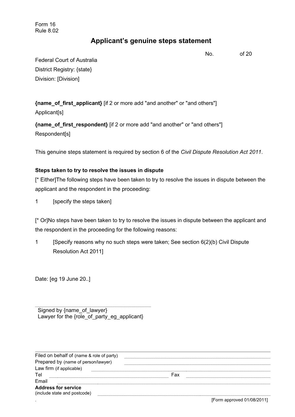 Preview of the first page of Applicant's genuine steps statement (Form 16)