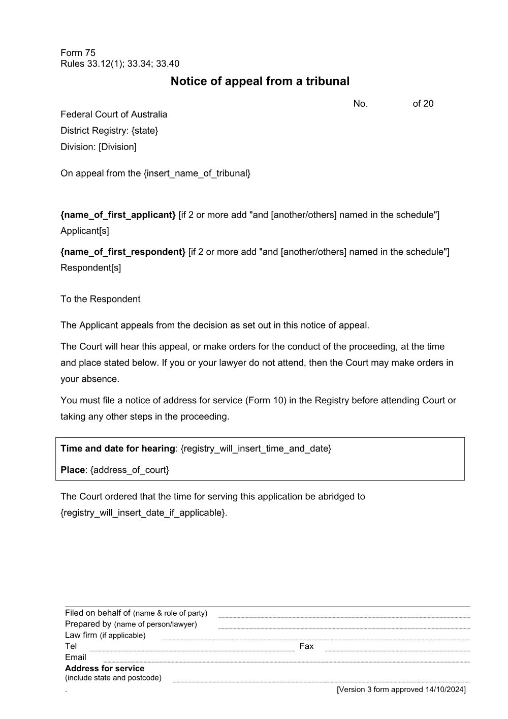Preview of the first page of Notice of appeal from a tribunal (Form 75)