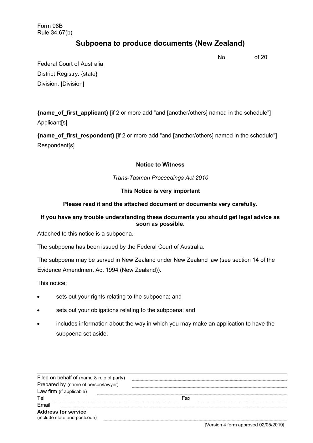 Preview of the first page of Subpoena to produce documents (New Zealand) (Form 98B)