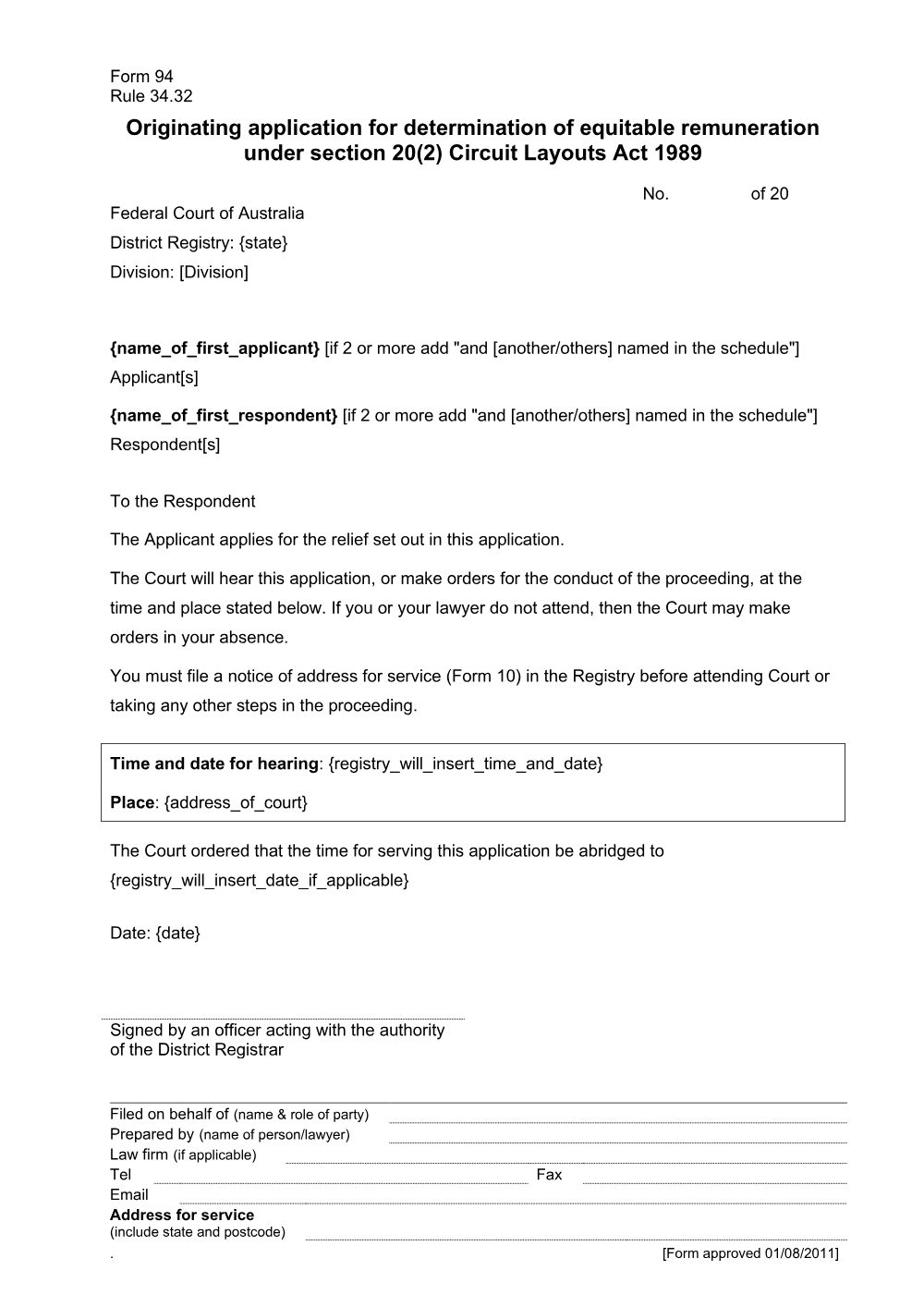 Preview of the first page of Originating application for determination of equitable remuneration under section 20(2) of the Circuit Layouts Act 1989 (Form 94)