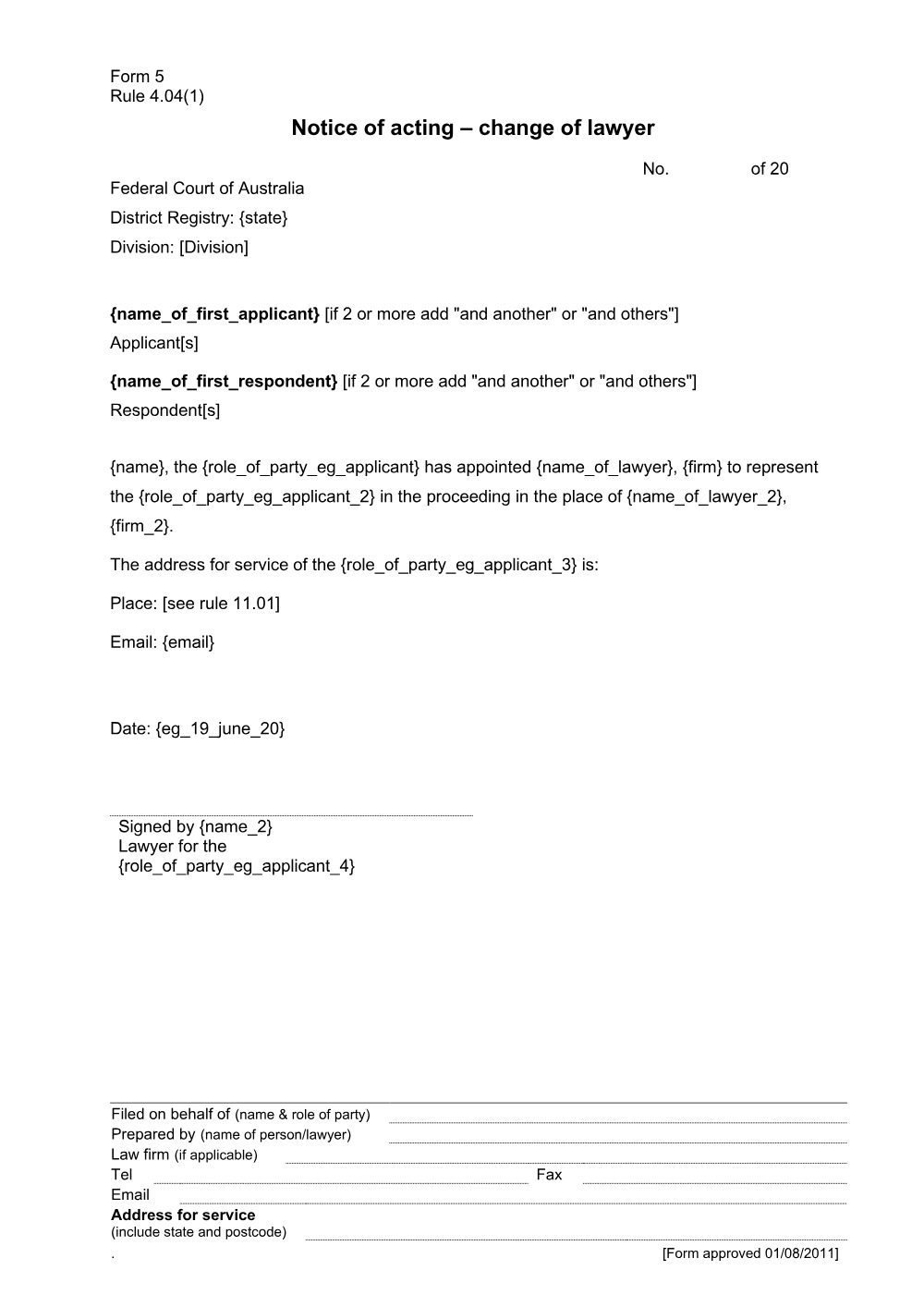 Preview of the first page of Notice of acting - change of lawyer (Form 5)