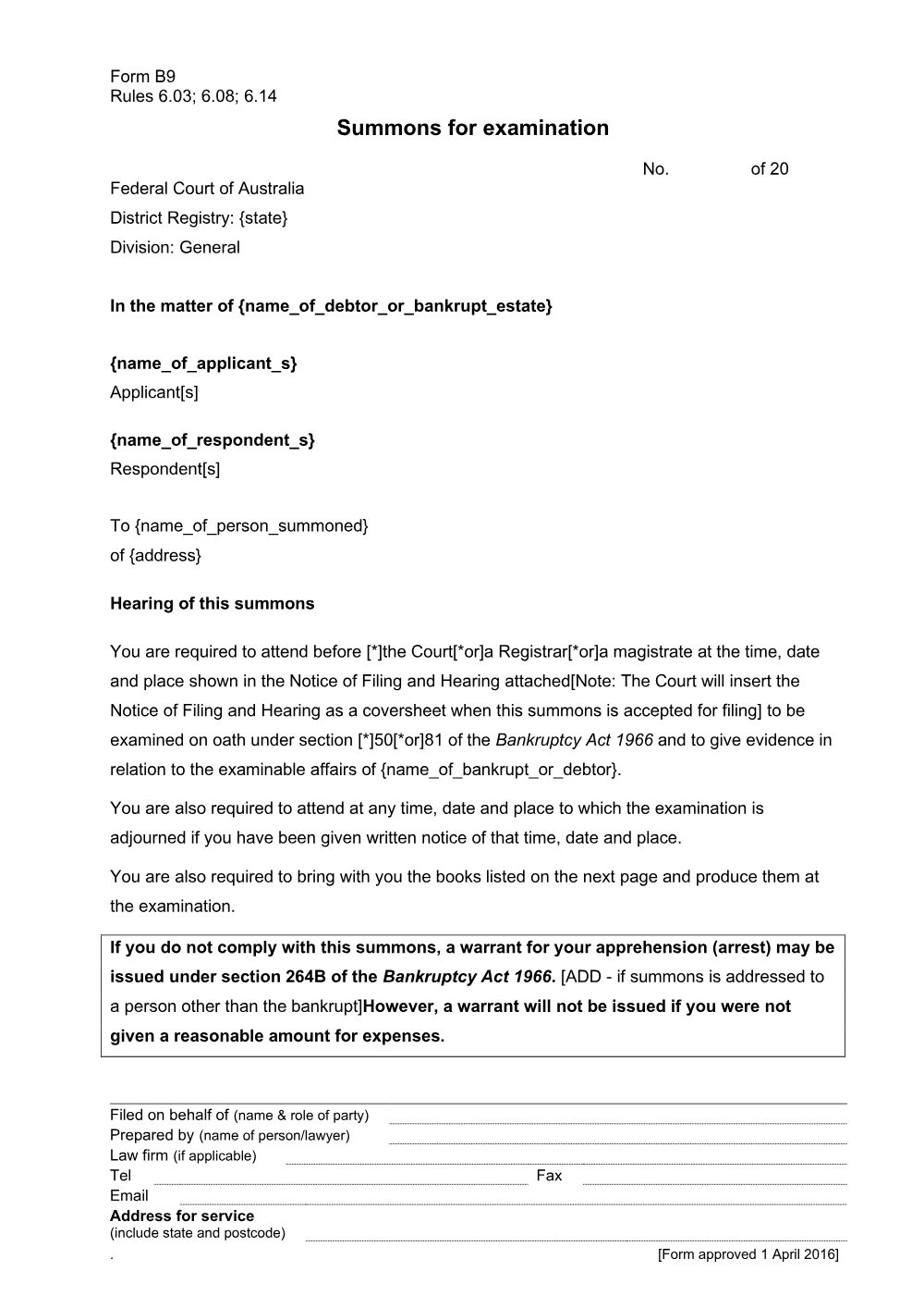 Preview of the first page of Summons for examination (Form B9)
