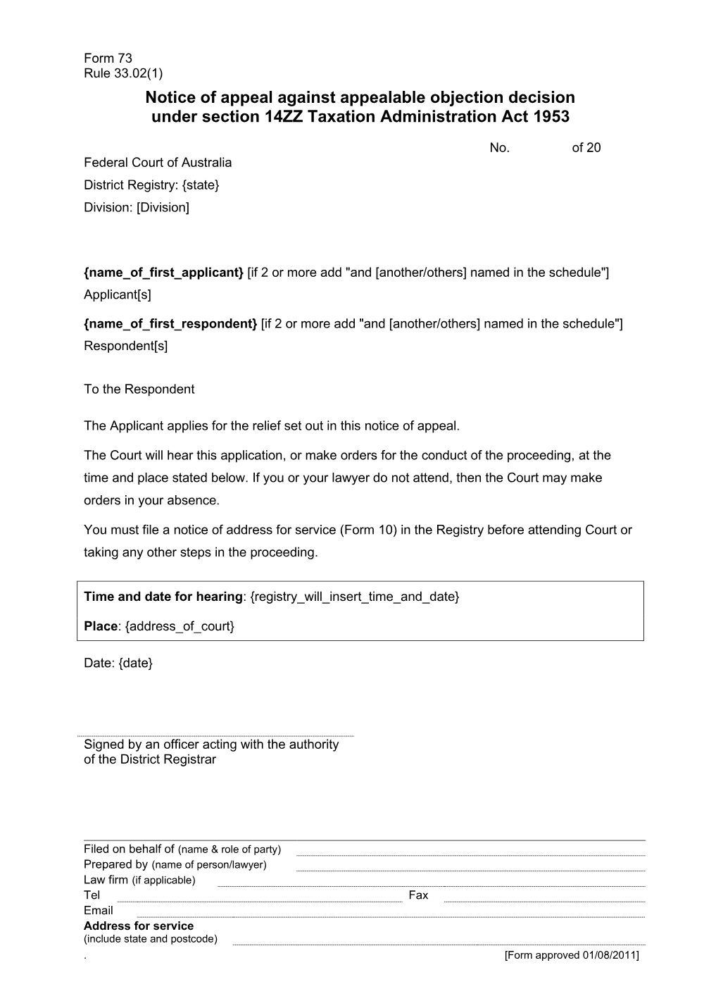 Preview of the first page of Notice of appeal against appealable objection decision under section 14ZZ Taxation Administration Act 1953 (Form 73)
