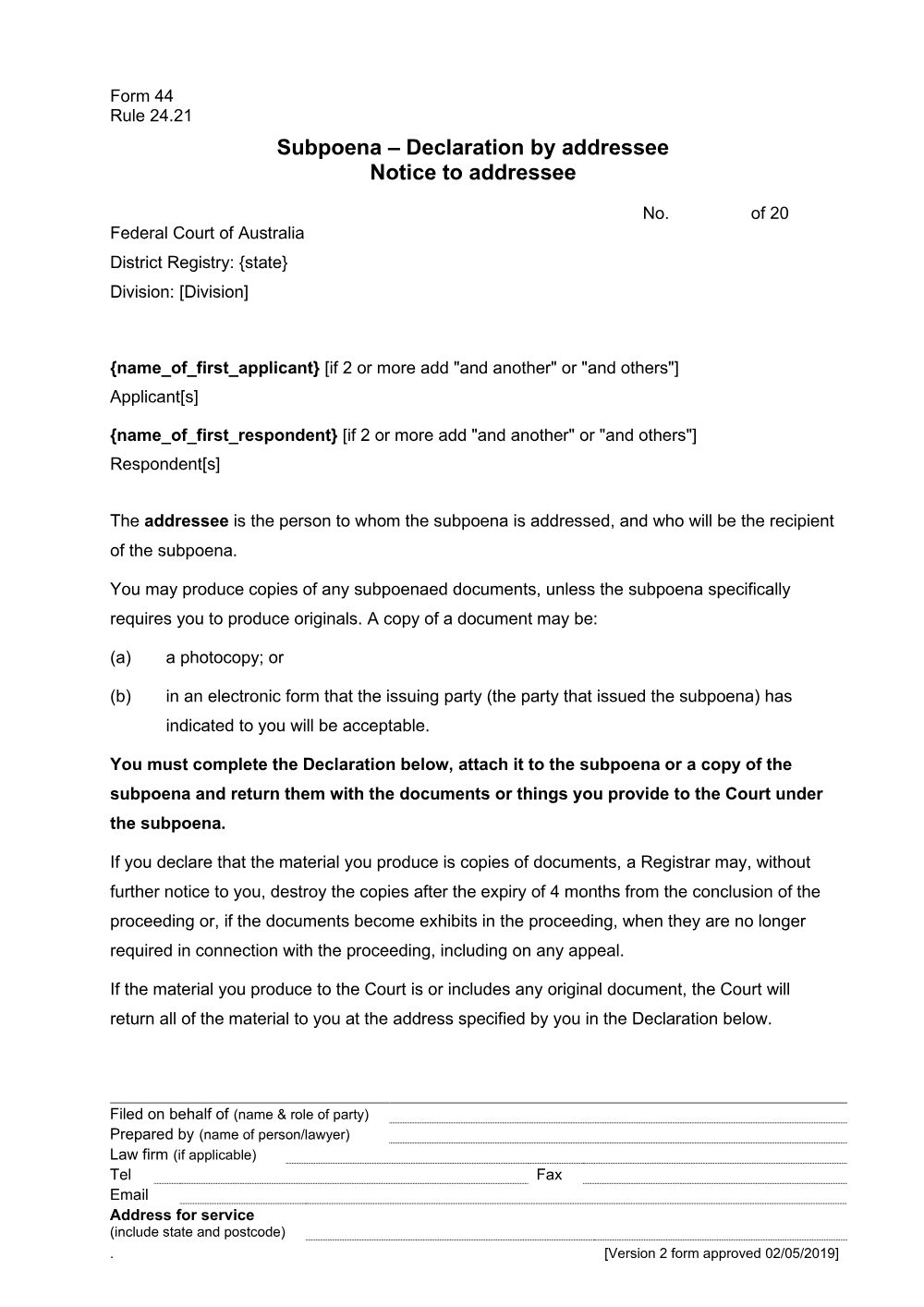 Preview of the first page of Subpoena - Declaration by addressee. Notice to addressee (Form 44)