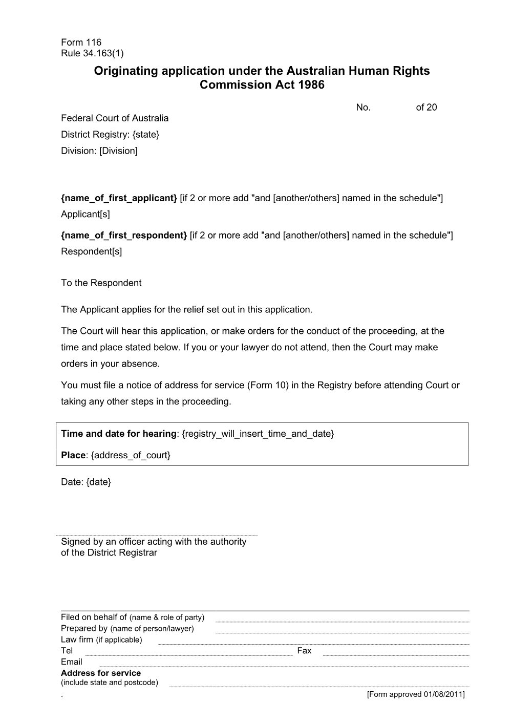 Preview of the first page of Originating application under the Australian Human Rights Commission Act 1986 (Rule 34.163(1)) (Form 116)