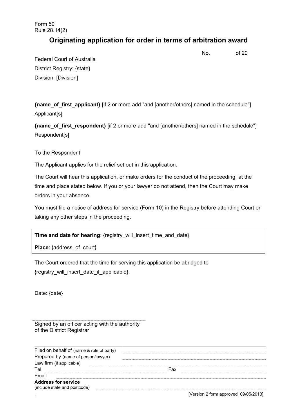 Preview of the first page of Originating application for order in terms of arbitration award (Form 50)