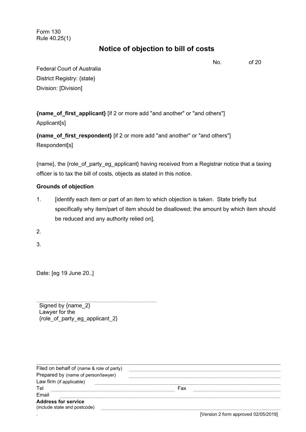 Preview of the first page of Notice of objection to bill of costs (Rule 40.25(1)) (Form 130)