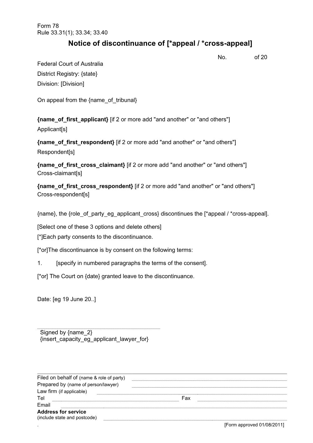 Preview of the first page of Notice of discontinuance of appeal/cross-appeal (Form 78)