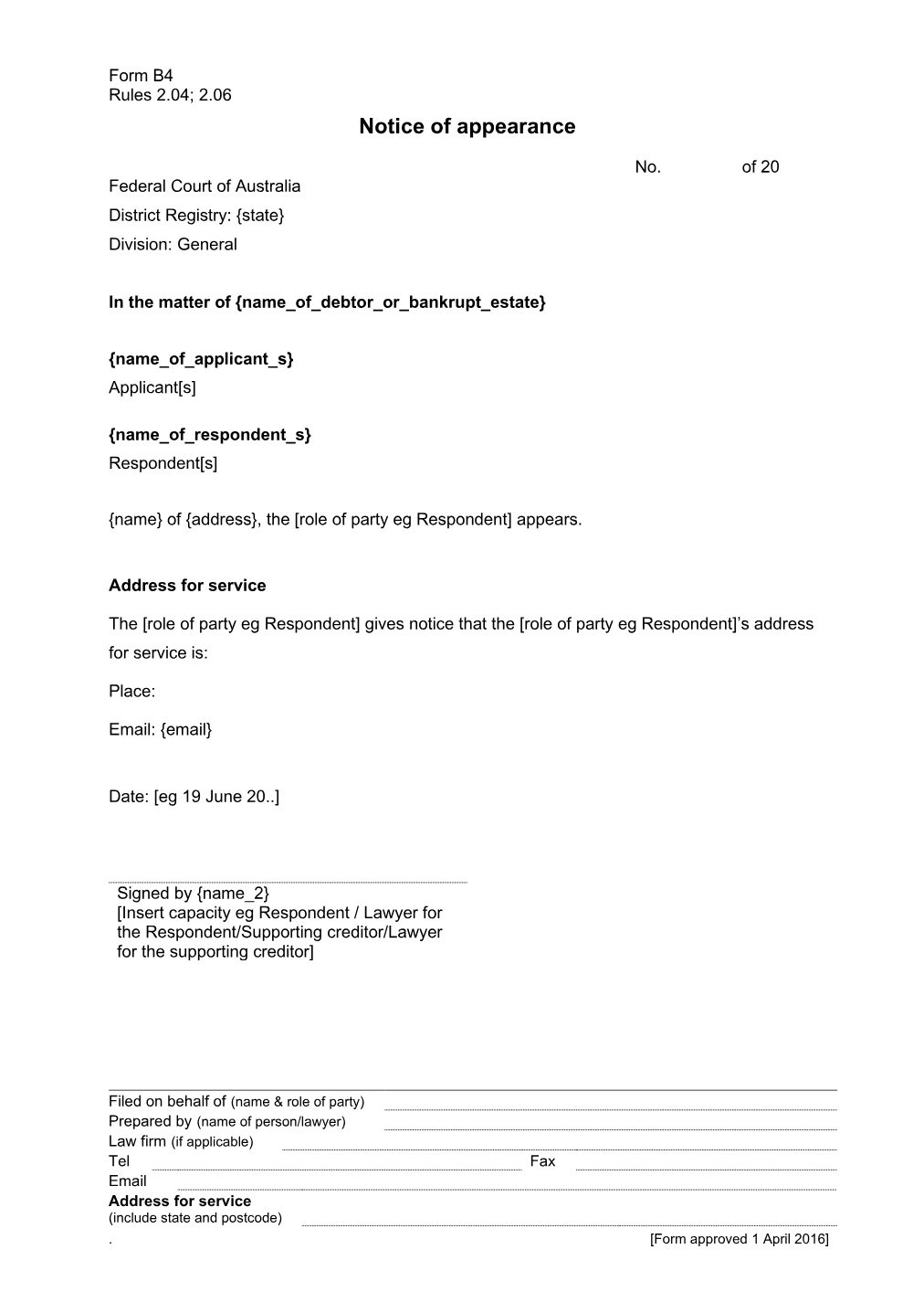 Preview of the first page of Notice of appearance (Form B4)