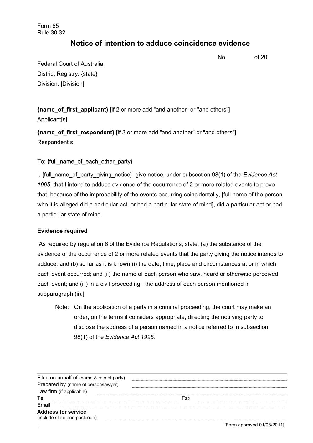 Preview of the first page of Notice of intention to adduce coincidence evidence (Form 65)