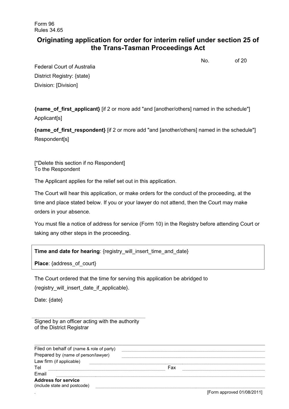 Preview of the first page of Originating application for order for interim relief under section 25 of the Trans-Tasman Proceedings Act (Form 96)