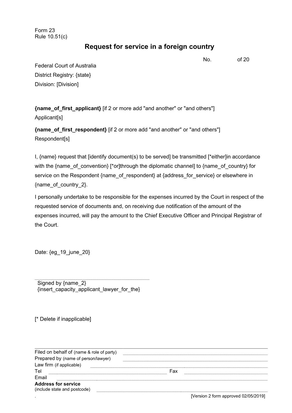 Preview of the first page of Request for service in a foreign country (Rule 10.51(c)) (Form 23)
