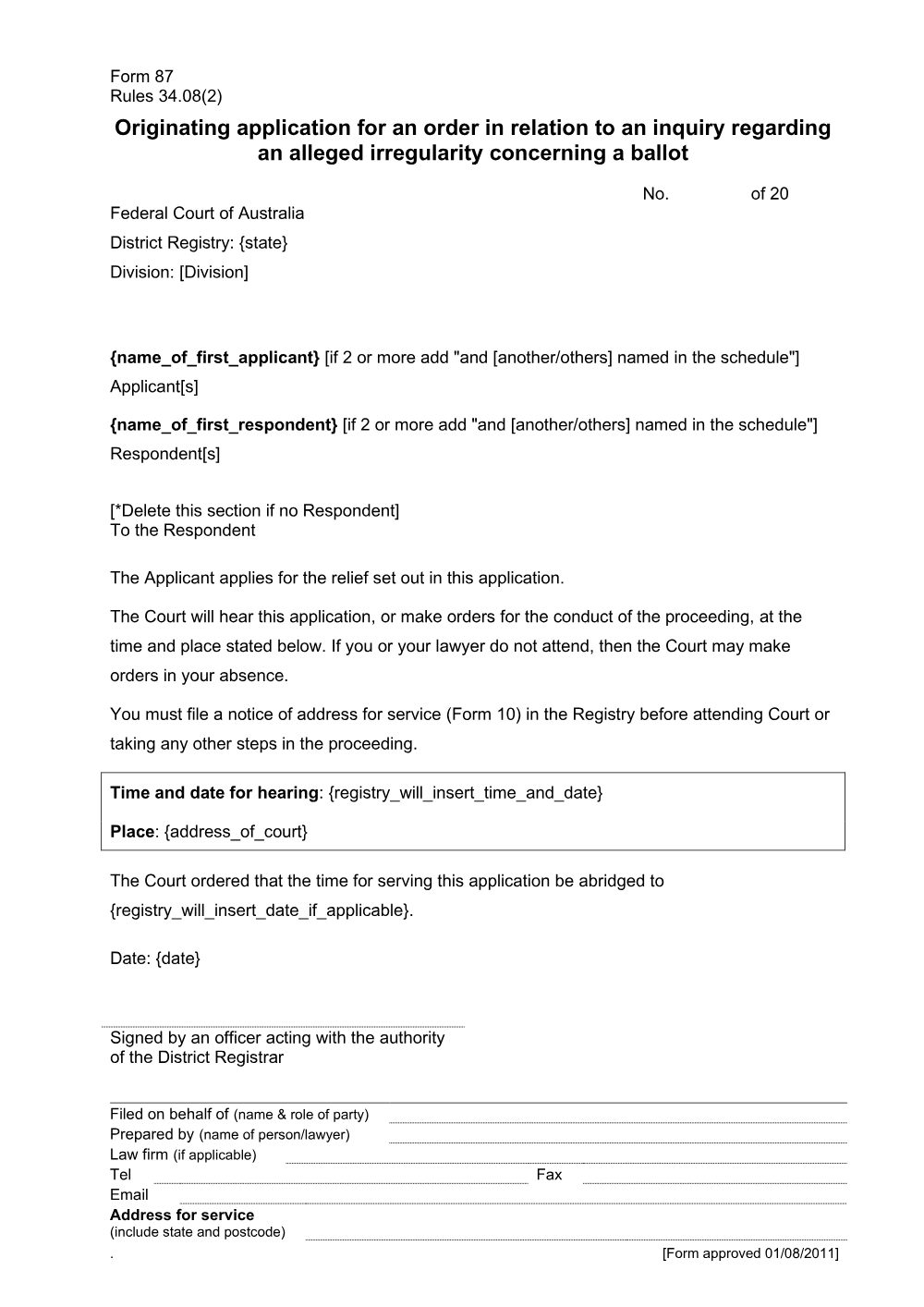 Preview of the first page of Originating application for an order in relation to an inquiry regarding an alleged irregularity concerning a ballot (Form 87)
