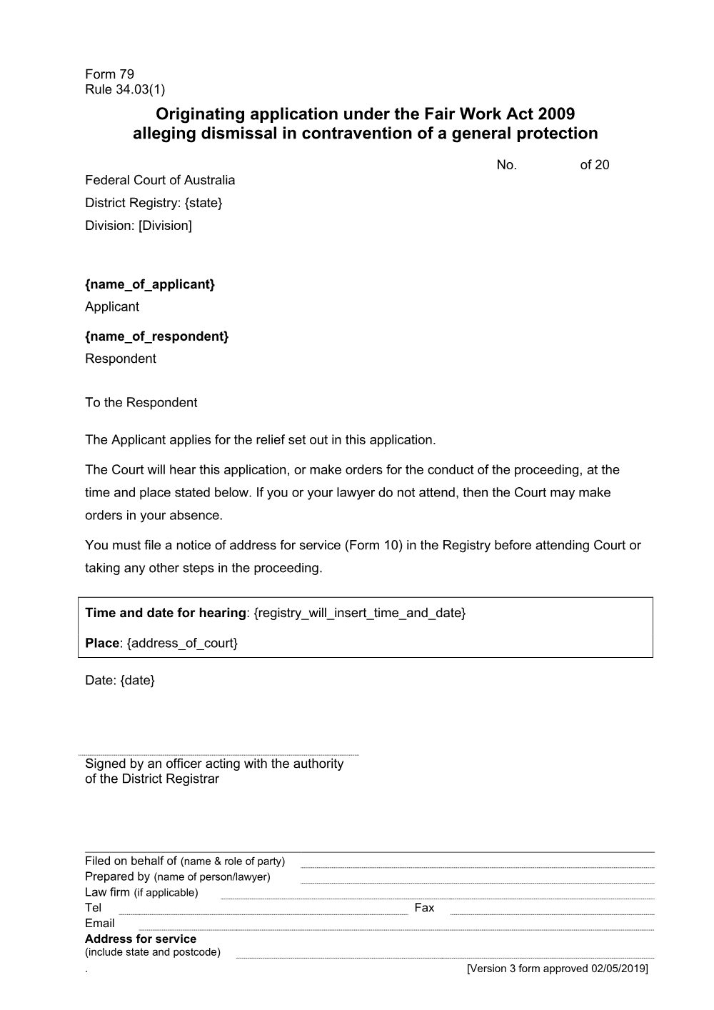 Preview of the first page of Originating application under the Fair Work Act 2009 alleging dismissal in contravention of a general protection (Form 79)