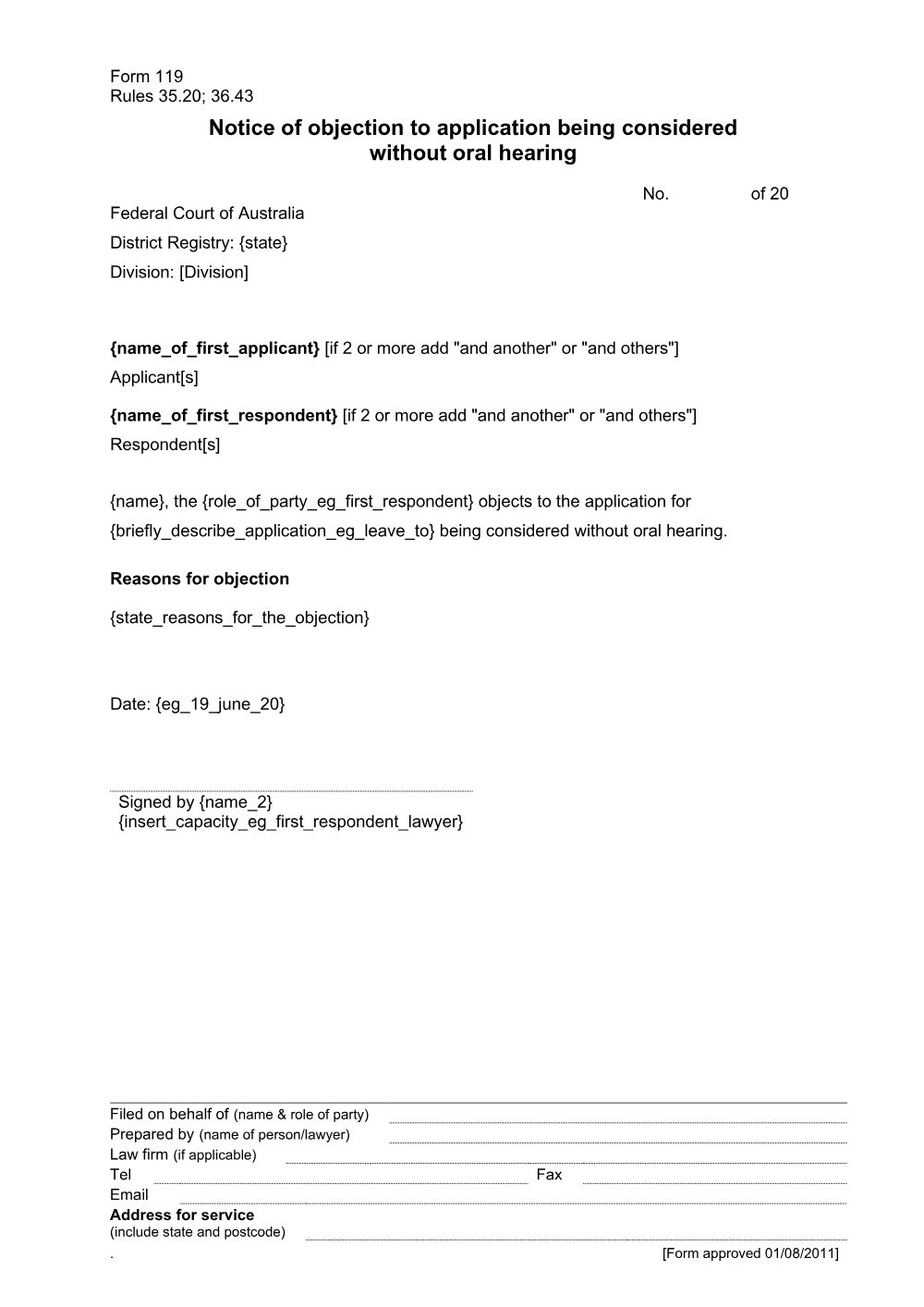 Preview of the first page of Notice of objection to application being considered without oral hearing (Form 119)