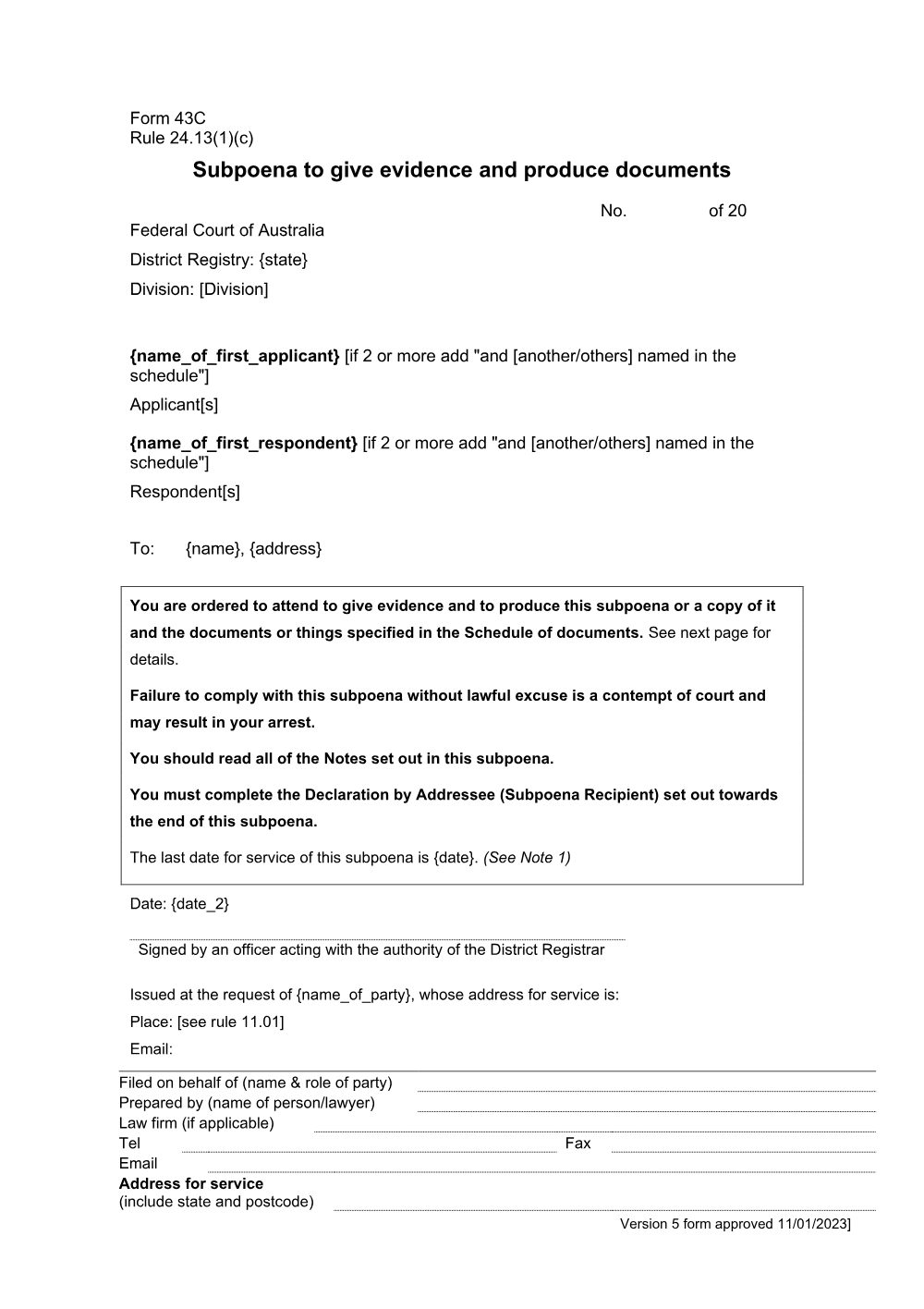 Preview of the first page of Subpoena to give evidence and produce documents (Form 43C)