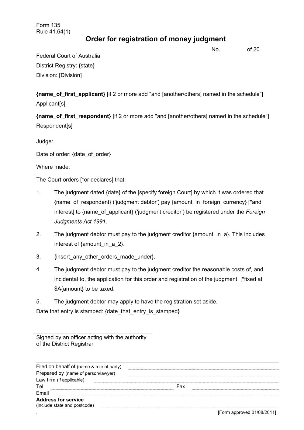 Preview of the first page of Order for registration of money judgment (Rule 41.64(1)) (Form 135)