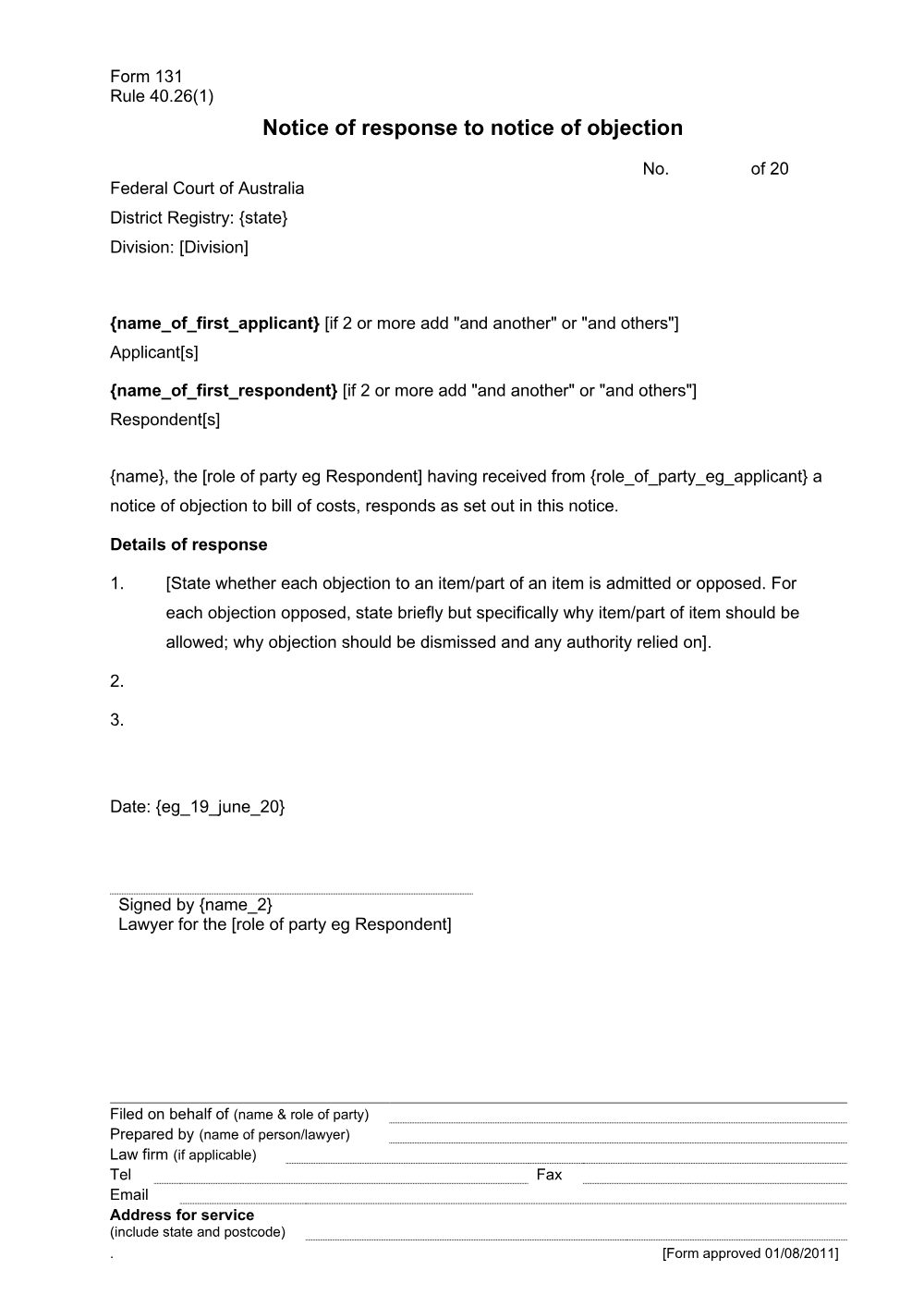 Preview of the first page of Notice of response to notice of objection (Rule 40.26(1)) (Form 131)