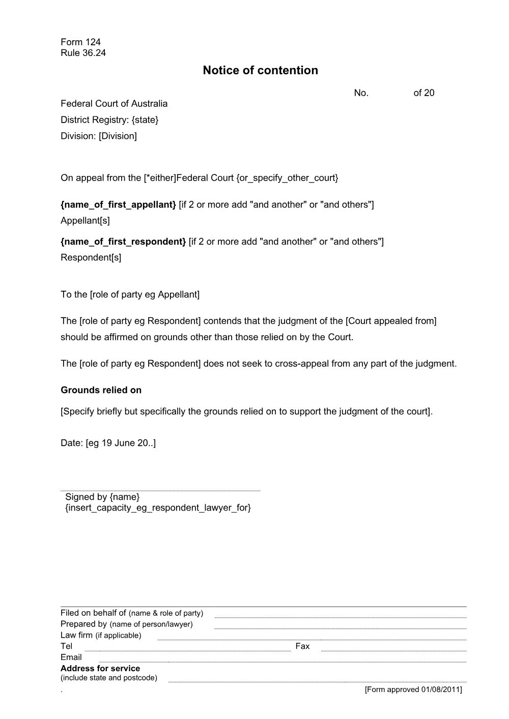 Preview of the first page of Notice of contention (Form 124)