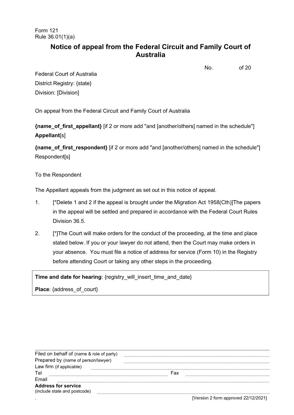 Preview of the first page of Notice of appeal from the Federal Circuit and Family Court of Australia (Rule 36.01(1)(a)) (Form 121)
