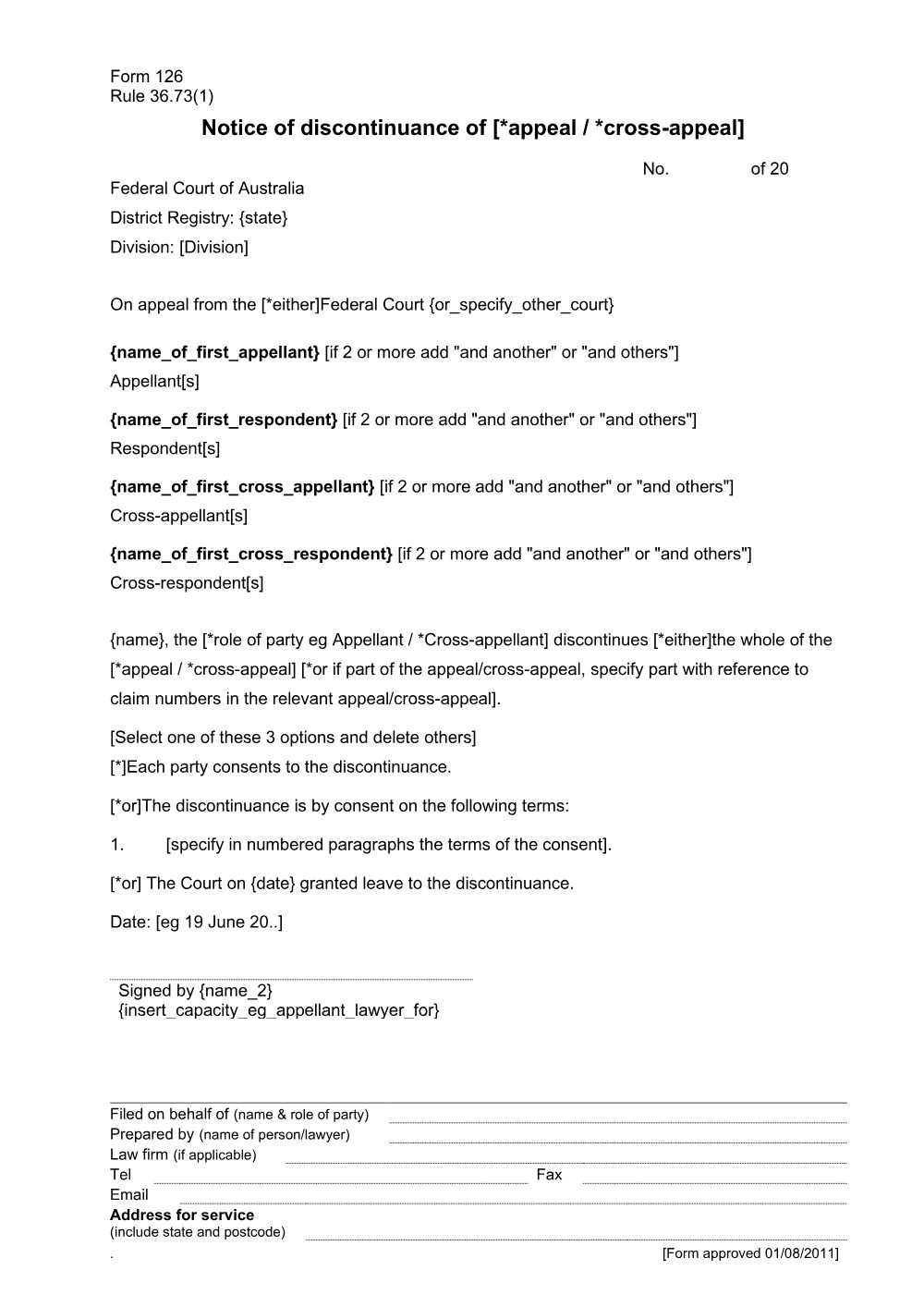 Preview of the first page of Notice of discontinuance (appeal / cross-appeal) (Rule 36.73(1)) (Form 126)