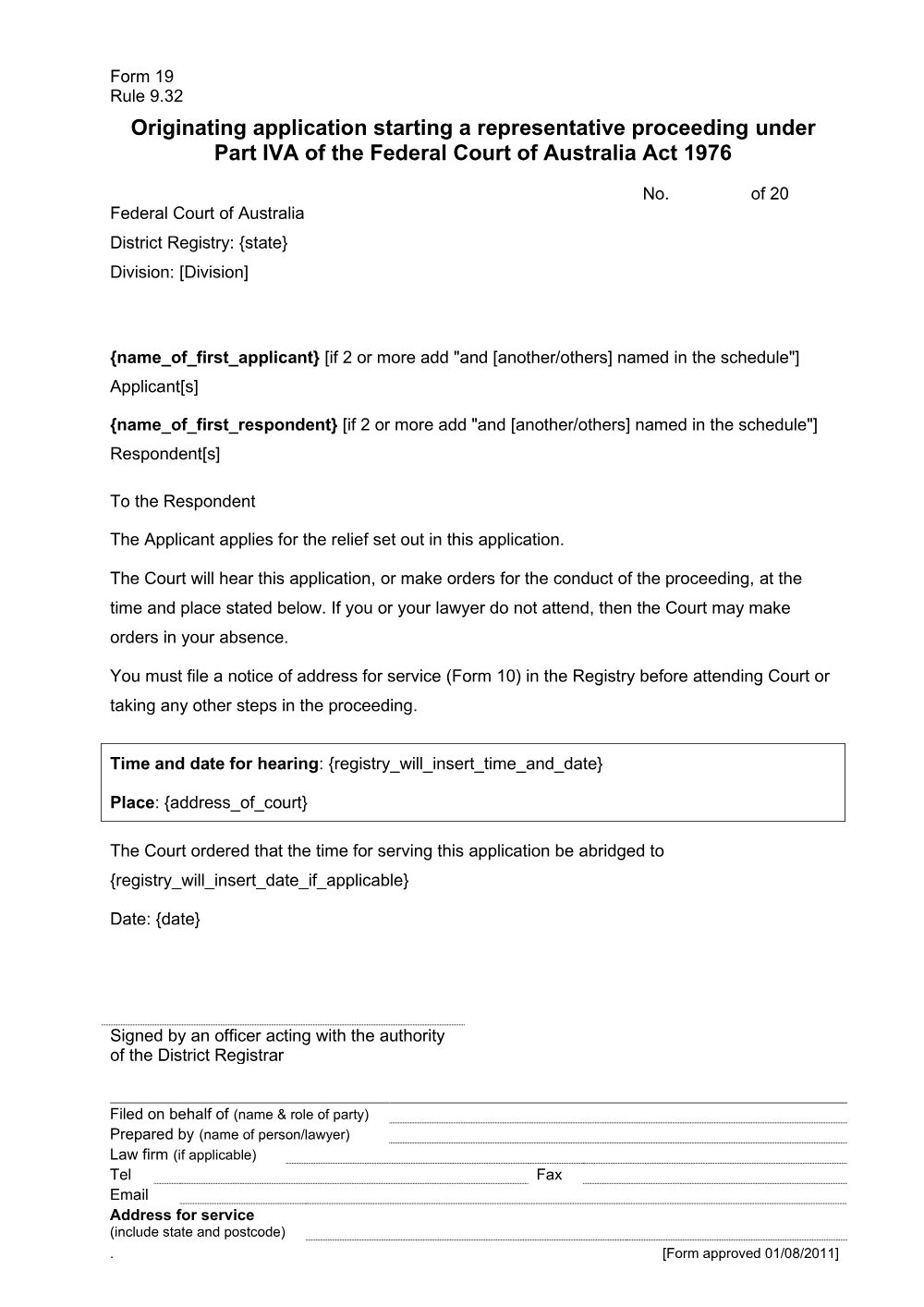 Preview of the first page of Originating application starting a representative proceeding under Part IVA of the Federal Court of Australia Act 1976 (Form 19)