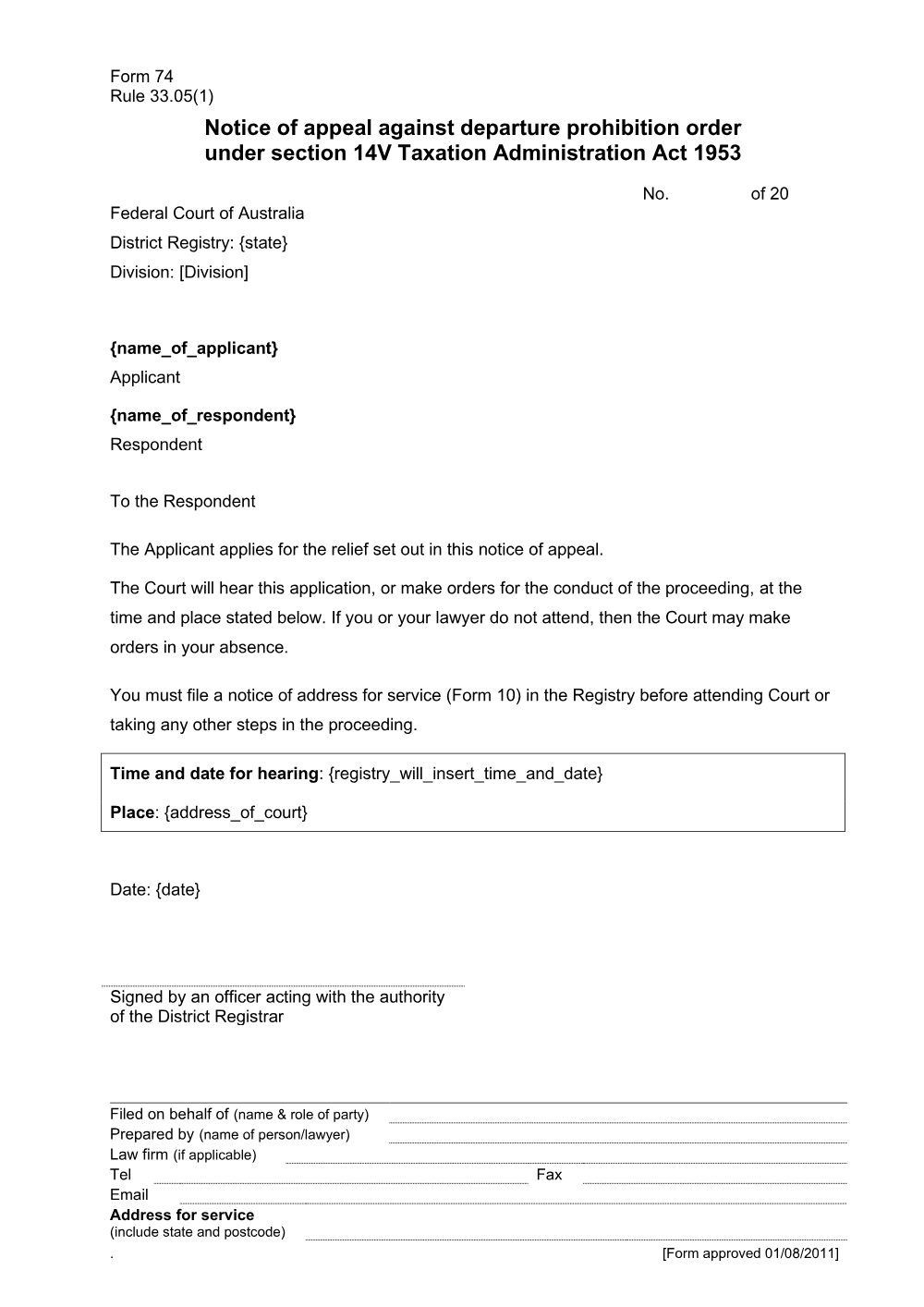Preview of the first page of Notice of appeal against departure prohibition order under section 14V Taxation Administration Act 1953 (Form 74)